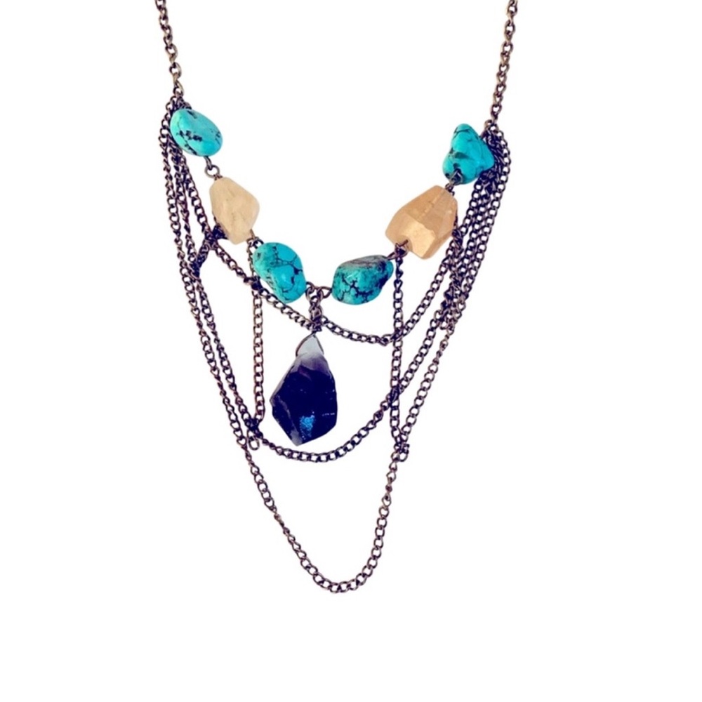 Vintage Turquoise amethyst citrine drape chain Statement Necklace